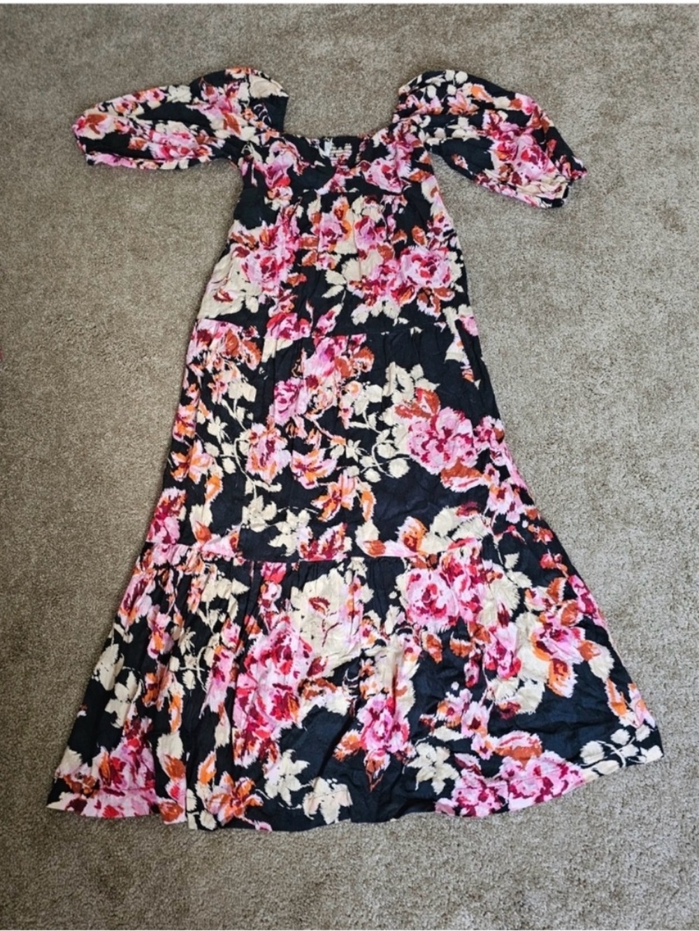 Anthropologie Somerset Puff-Sleeve Maxi Dress Black Pink Floral Tiered M - Picture 8 of 13